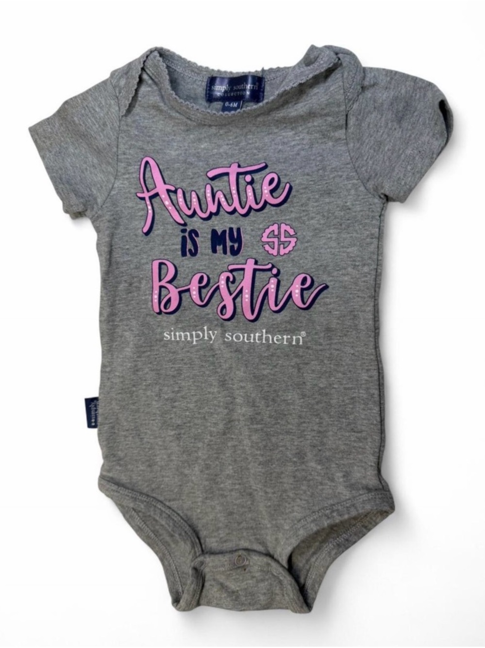 Simply Southern Grey Onesie with Pink & Navy Script - Auntie Theme